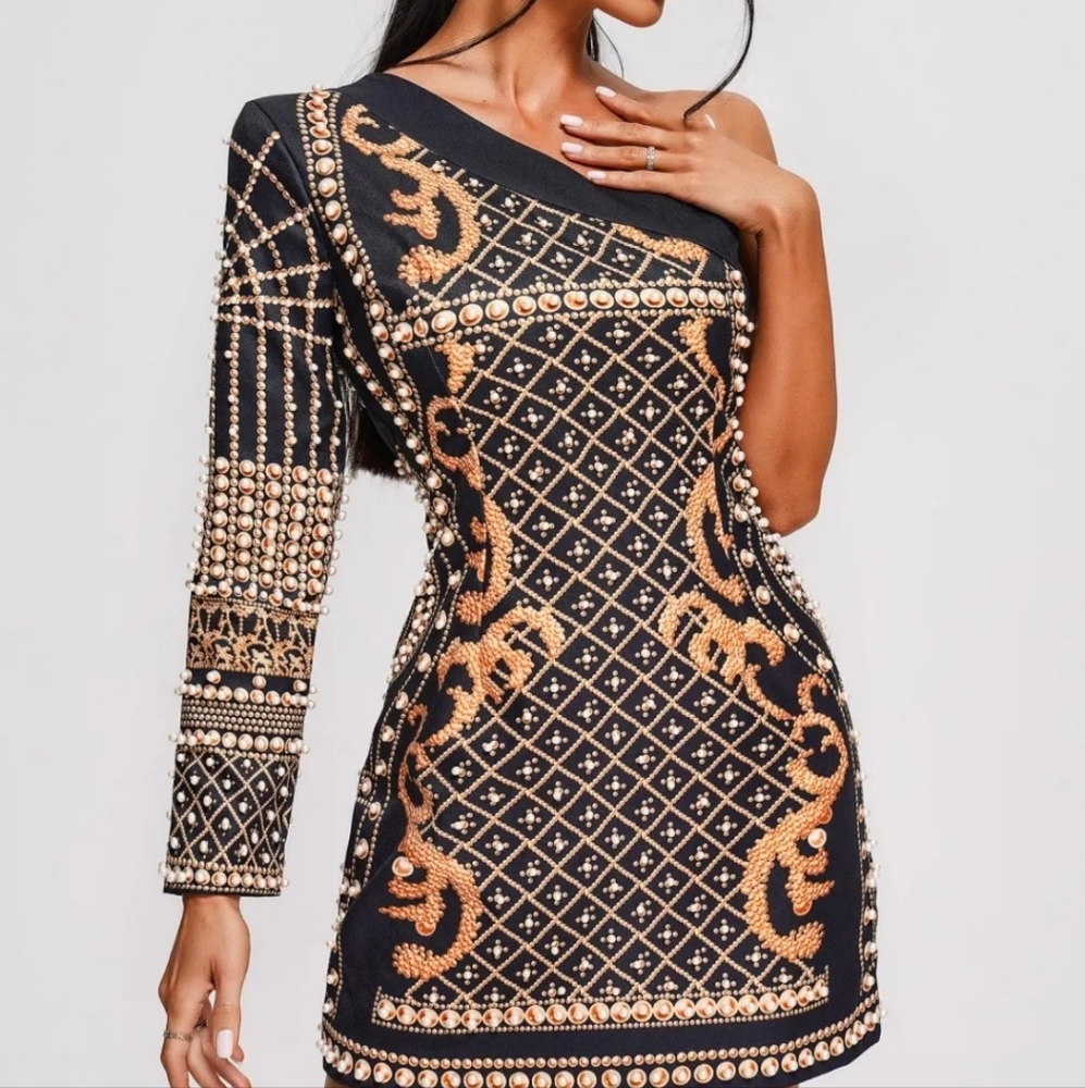 Chic Asymmetrical Black and Gold Dress